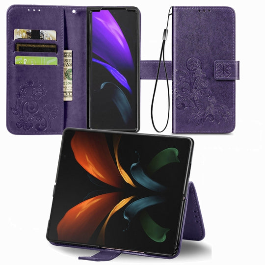 For Samsung Galaxy Z Fold3 5G Four-leaf Clasp Embossed Buckle Mobile Phone Protection Leather Case with Lanyard & Card Slot & Wallet & Bracket Function(Purple)