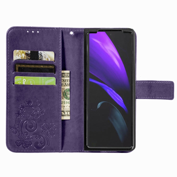 For Samsung Galaxy Z Fold3 5G Four-leaf Clasp Embossed Buckle Mobile Phone Protection Leather Case with Lanyard & Card Slot & Wallet & Bracket Function(Purple) by buy2fix