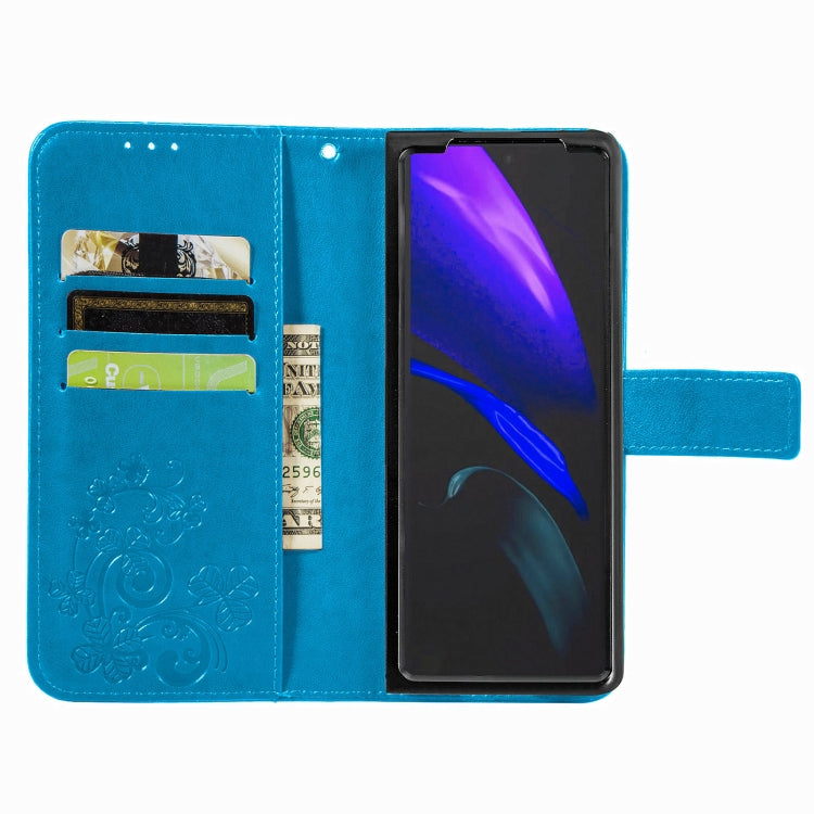 For Samsung Galaxy Z Fold3 5G Four-leaf Clasp Embossed Buckle Mobile Phone Protection Leather Case with Lanyard & Card Slot & Wallet & Bracket Function(Blue) by buy2fix