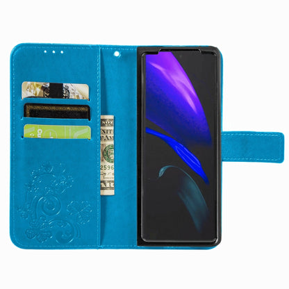 For Samsung Galaxy Z Fold3 5G Four-leaf Clasp Embossed Buckle Mobile Phone Protection Leather Case with Lanyard & Card Slot & Wallet & Bracket Function(Blue) by buy2fix