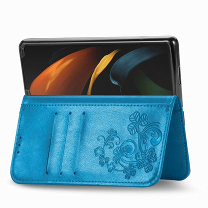 For Samsung Galaxy Z Fold3 5G Four-leaf Clasp Embossed Buckle Mobile Phone Protection Leather Case with Lanyard & Card Slot & Wallet & Bracket Function(Blue) by buy2fix