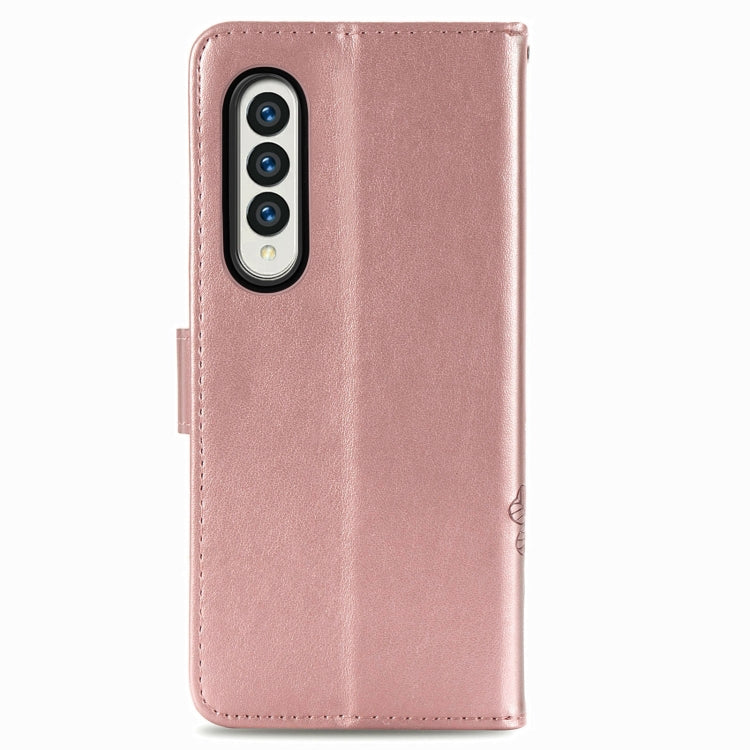 For Samsung Galaxy Z Fold3 5G Four-leaf Clasp Embossed Buckle Mobile Phone Protection Leather Case with Lanyard & Card Slot & Wallet & Bracket Function(Rose Gold) by buy2fix