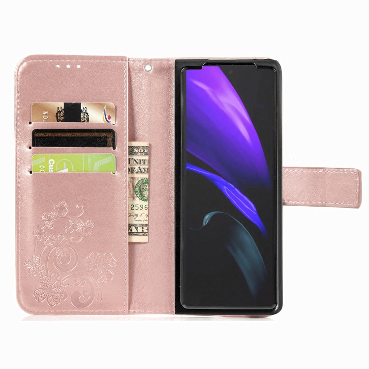 For Samsung Galaxy Z Fold3 5G Four-leaf Clasp Embossed Buckle Mobile Phone Protection Leather Case with Lanyard & Card Slot & Wallet & Bracket Function(Rose Gold) by buy2fix