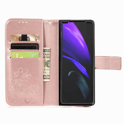 For Samsung Galaxy Z Fold3 5G Four-leaf Clasp Embossed Buckle Mobile Phone Protection Leather Case with Lanyard & Card Slot & Wallet & Bracket Function(Rose Gold) by buy2fix