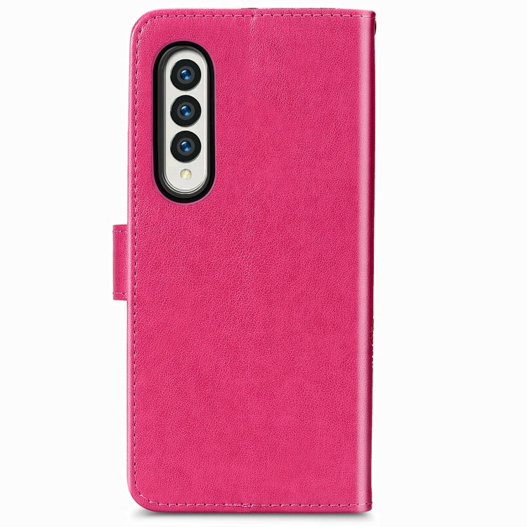 For Samsung Galaxy Z Fold3 5G Four-leaf Clasp Embossed Buckle Mobile Phone Protection Leather Case with Lanyard & Card Slot & Wallet & Bracket Function(Rose Red) by buy2fix