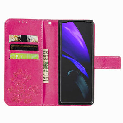 For Samsung Galaxy Z Fold3 5G Four-leaf Clasp Embossed Buckle Mobile Phone Protection Leather Case with Lanyard & Card Slot & Wallet & Bracket Function(Rose Red) by buy2fix