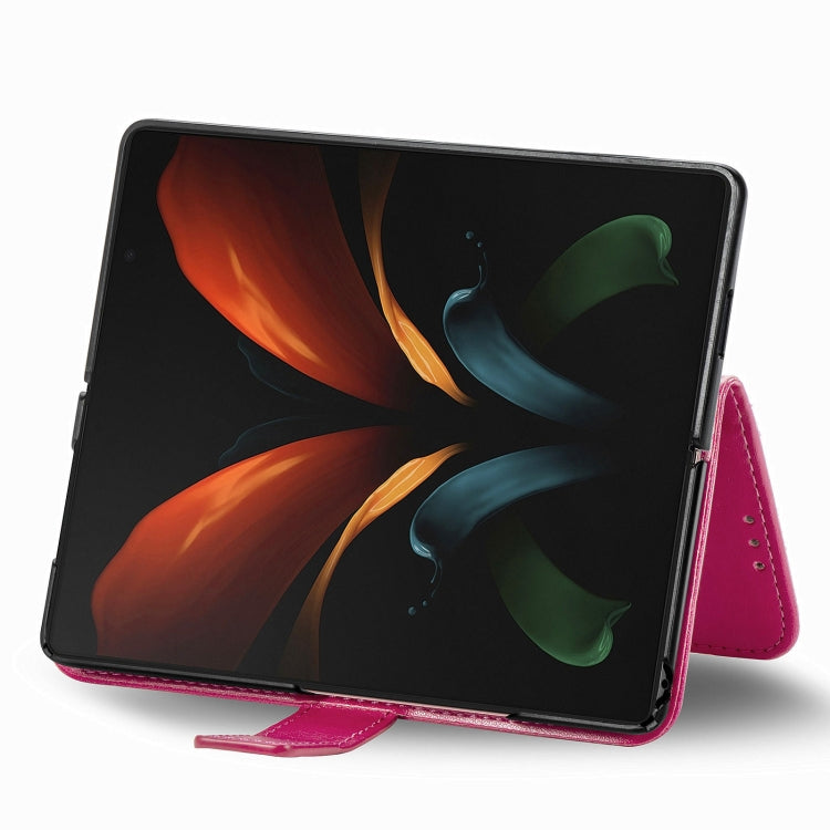 For Samsung Galaxy Z Fold3 5G Four-leaf Clasp Embossed Buckle Mobile Phone Protection Leather Case with Lanyard & Card Slot & Wallet & Bracket Function(Rose Red) by buy2fix