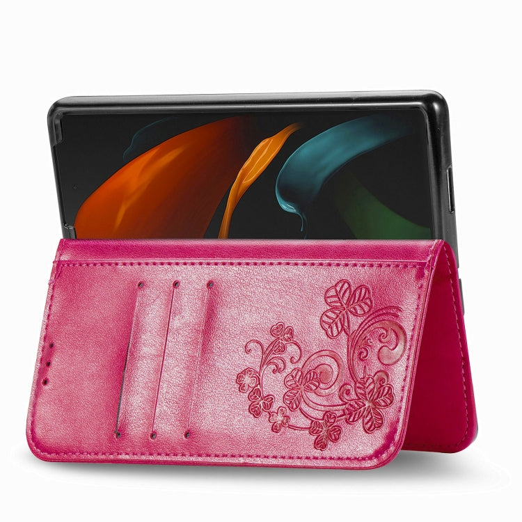 For Samsung Galaxy Z Fold3 5G Four-leaf Clasp Embossed Buckle Mobile Phone Protection Leather Case with Lanyard & Card Slot & Wallet & Bracket Function(Rose Red) by buy2fix