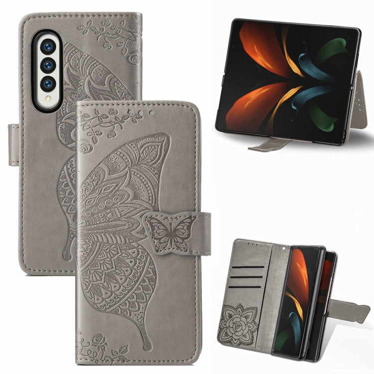 For Samsung Galaxy Z Fold3 5G Butterfly Love Flowers Embossed Horizontal Flip Leather Case with Holder & Card Slots & Wallet & Lanyard(Grey) by buy2fix