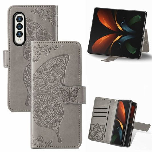 For Samsung Galaxy Z Fold3 5G Butterfly Love Flowers Embossed Horizontal Flip Leather Case with Holder & Card Slots & Wallet & Lanyard(Grey) by buy2fix