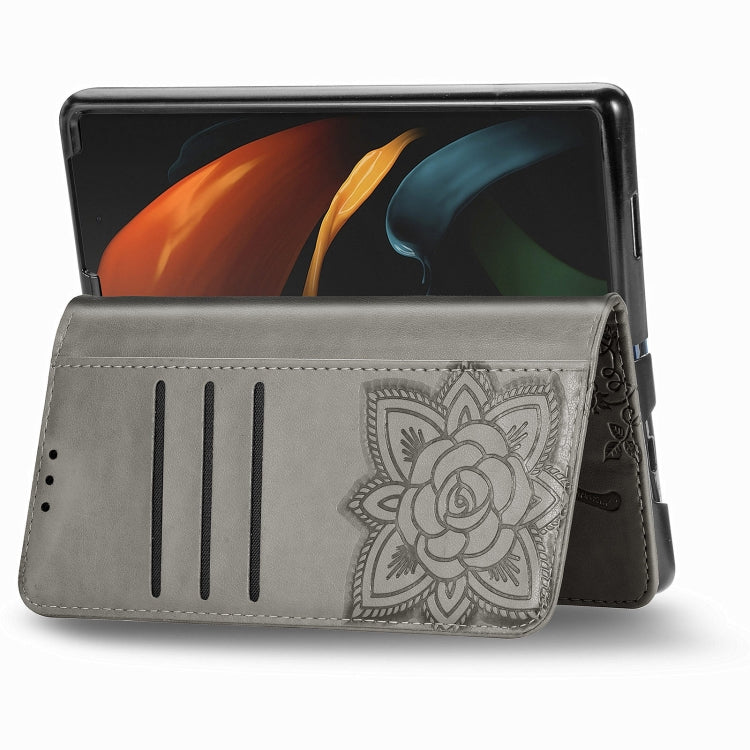 For Samsung Galaxy Z Fold3 5G Butterfly Love Flowers Embossed Horizontal Flip Leather Case with Holder & Card Slots & Wallet & Lanyard(Grey) by buy2fix