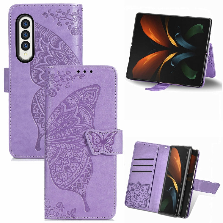 For Samsung Galaxy Z Fold3 5G Butterfly Love Flowers Embossed Horizontal Flip Leather Case with Holder & Card Slots & Wallet & Lanyard(Light Purple) by buy2fix