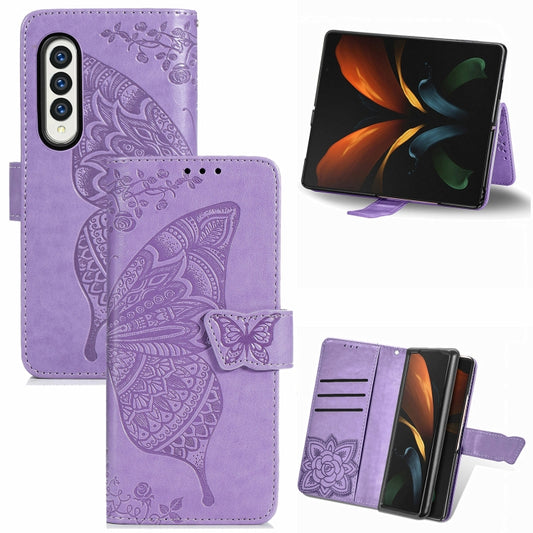For Samsung Galaxy Z Fold3 5G Butterfly Love Flowers Embossed Horizontal Flip Leather Case with Holder & Card Slots & Wallet & Lanyard(Light Purple) by buy2fix