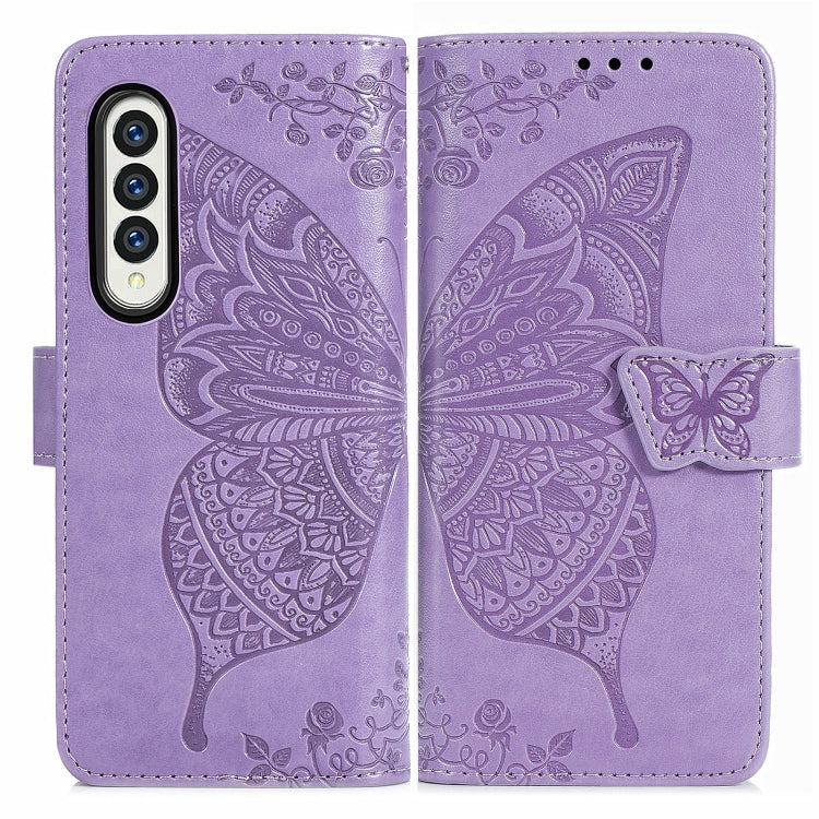 For Samsung Galaxy Z Fold3 5G Butterfly Love Flowers Embossed Horizontal Flip Leather Case with Holder & Card Slots & Wallet & Lanyard(Light Purple) by buy2fix