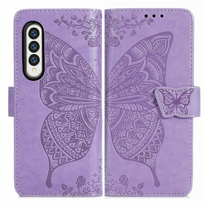 For Samsung Galaxy Z Fold3 5G Butterfly Love Flowers Embossed Horizontal Flip Leather Case with Holder & Card Slots & Wallet & Lanyard(Light Purple) by buy2fix