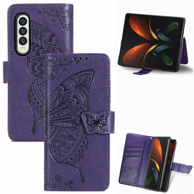 For Samsung Galaxy Z Fold3 5G Butterfly Love Flowers Embossed Horizontal Flip Leather Case with Holder & Card Slots & Wallet & Lanyard(Dark Purple) by buy2fix