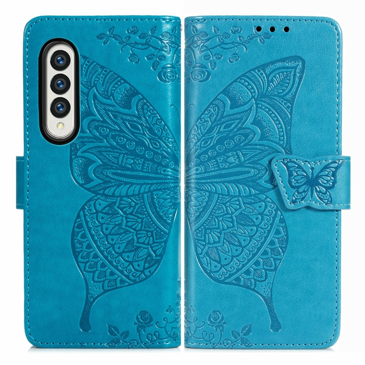For Samsung Galaxy Z Fold3 5G Butterfly Love Flowers Embossed Horizontal Flip Leather Case with Holder & Card Slots & Wallet & Lanyard(Blue) by buy2fix