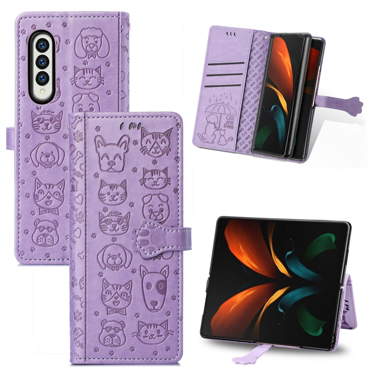 For Samsung Galaxy Z Fold3 5G Lovely Cat and Dog Embossing Pattern Horizontal Flip Leather Case , with Holder & Card Slots & Wallet(Purple) by buy2fix