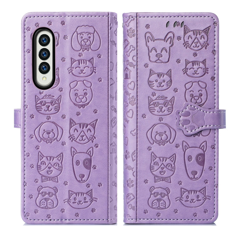 For Samsung Galaxy Z Fold3 5G Lovely Cat and Dog Embossing Pattern Horizontal Flip Leather Case , with Holder & Card Slots & Wallet(Purple) by buy2fix