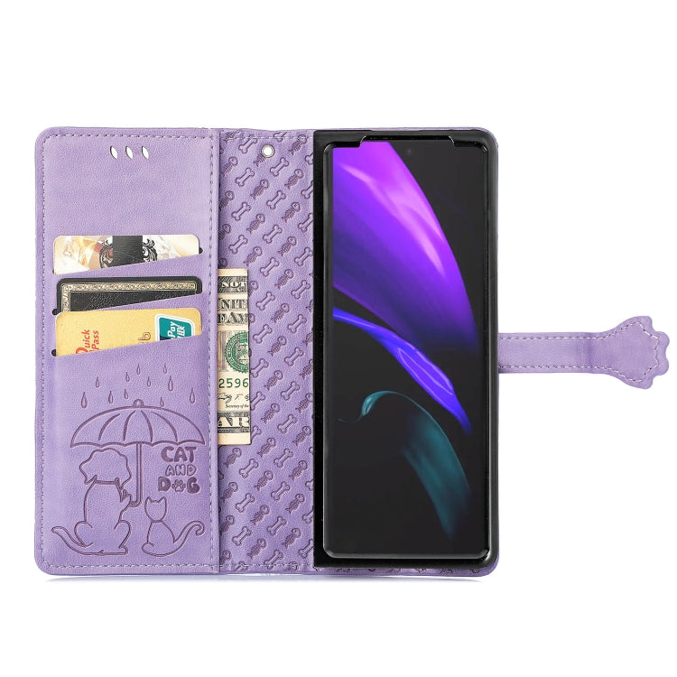 For Samsung Galaxy Z Fold3 5G Lovely Cat and Dog Embossing Pattern Horizontal Flip Leather Case , with Holder & Card Slots & Wallet(Purple) by buy2fix