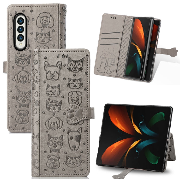 For Samsung Galaxy Z Fold3 5G Lovely Cat and Dog Embossing Pattern Horizontal Flip Leather Case , with Holder & Card Slots & Wallet(Grey) by buy2fix