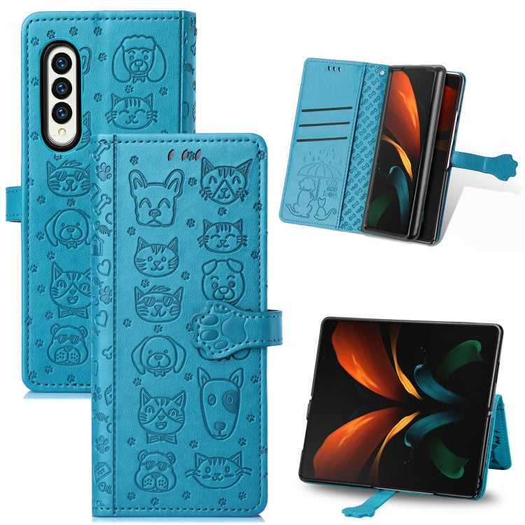 For Samsung Galaxy Z Fold3 5G Lovely Cat and Dog Embossing Pattern Horizontal Flip Leather Case , with Holder & Card Slots & Wallet(Blue) by buy2fix