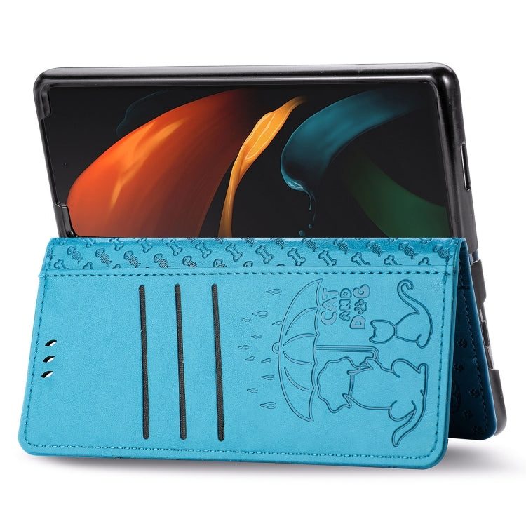 For Samsung Galaxy Z Fold3 5G Lovely Cat and Dog Embossing Pattern Horizontal Flip Leather Case , with Holder & Card Slots & Wallet(Blue) by buy2fix