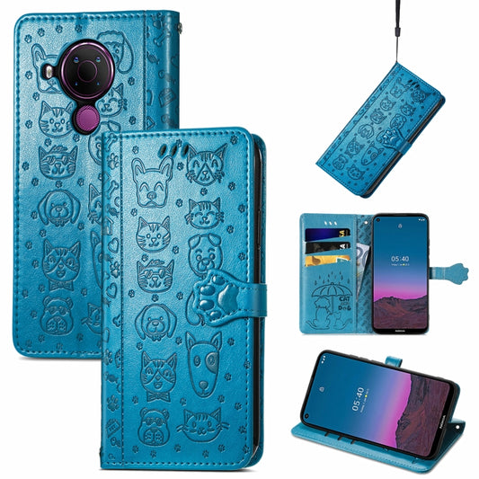 For Nokia 5.4 Lovely Cat and Dog Embossing Pattern Horizontal Flip Leather Case , with Holder & Card Slots & Wallet & Cartoon Clasp & Lanyard(Blue) by buy2fix