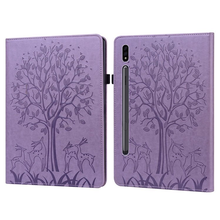 For Samsung Galaxy Tab S8 / Galaxy Tab S7 SM-T870 Tree & Deer Pattern Pressed Printing Horizontal Flip PU Leather Case with Holder & Card Slots(Purple) by buy2fix