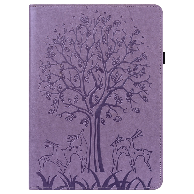 For Samsung Galaxy Tab S8 / Galaxy Tab S7 SM-T870 Tree & Deer Pattern Pressed Printing Horizontal Flip PU Leather Case with Holder & Card Slots(Purple) by buy2fix