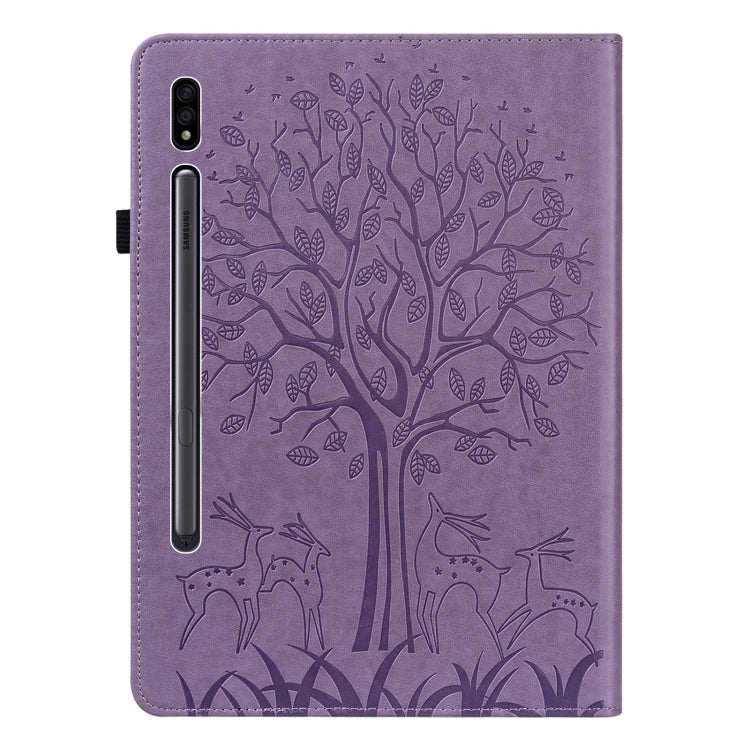 For Samsung Galaxy Tab S8 / Galaxy Tab S7 SM-T870 Tree & Deer Pattern Pressed Printing Horizontal Flip PU Leather Case with Holder & Card Slots(Purple) by buy2fix