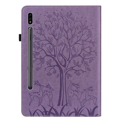 For Samsung Galaxy Tab S8 / Galaxy Tab S7 SM-T870 Tree & Deer Pattern Pressed Printing Horizontal Flip PU Leather Case with Holder & Card Slots(Purple) by buy2fix