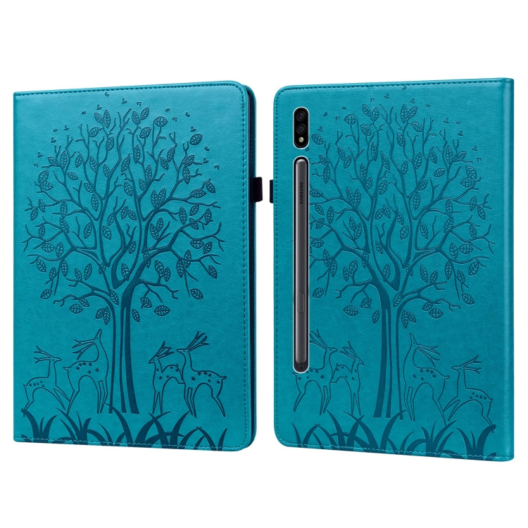 For Samsung Galaxy Tab S8 / Galaxy Tab S7 SM-T870 Tree & Deer Pattern Pressed Printing Horizontal Flip PU Leather Case with Holder & Card Slots(Blue) by buy2fix
