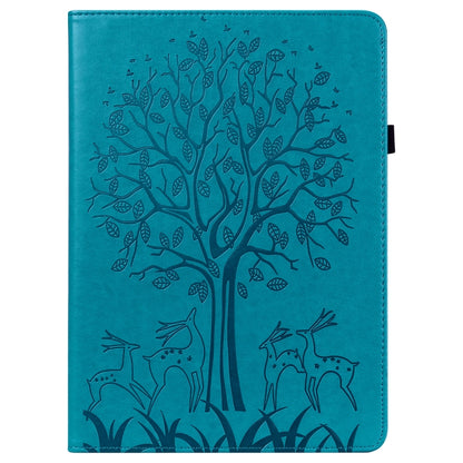 For Samsung Galaxy Tab S8 / Galaxy Tab S7 SM-T870 Tree & Deer Pattern Pressed Printing Horizontal Flip PU Leather Case with Holder & Card Slots(Blue) by buy2fix