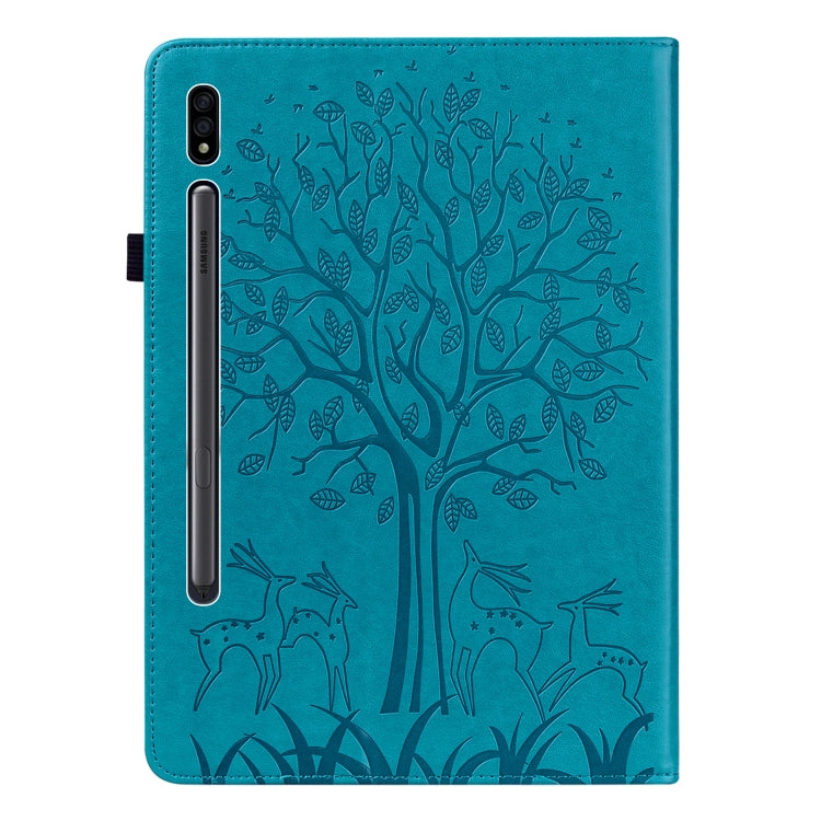 For Samsung Galaxy Tab S8 / Galaxy Tab S7 SM-T870 Tree & Deer Pattern Pressed Printing Horizontal Flip PU Leather Case with Holder & Card Slots(Blue) by buy2fix