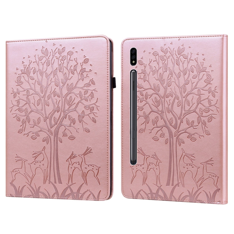 For Samsung Galaxy Tab S8 / Galaxy Tab S7 SM-T870 Tree & Deer Pattern Pressed Printing Horizontal Flip PU Leather Case with Holder & Card Slots(Pink) by buy2fix