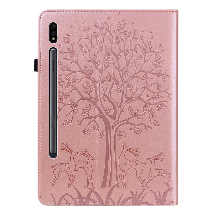 For Samsung Galaxy Tab S8 / Galaxy Tab S7 SM-T870 Tree & Deer Pattern Pressed Printing Horizontal Flip PU Leather Case with Holder & Card Slots(Pink) by buy2fix
