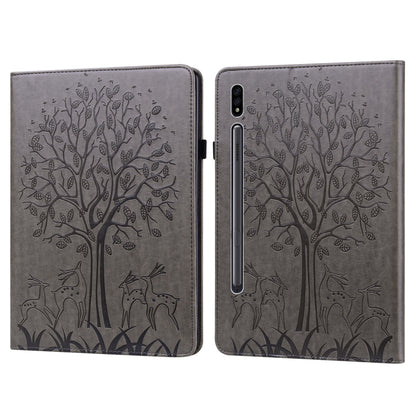 For Samsung Galaxy Tab S8 / Galaxy Tab S7 SM-T870 Tree & Deer Pattern Pressed Printing Horizontal Flip PU Leather Case with Holder & Card Slots(Grey) by buy2fix