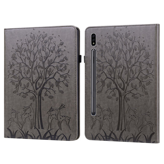 For Samsung Galaxy Tab S8 / Galaxy Tab S7 SM-T870 Tree & Deer Pattern Pressed Printing Horizontal Flip PU Leather Case with Holder & Card Slots(Grey) by buy2fix