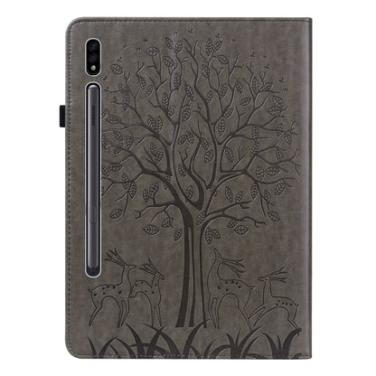 For Samsung Galaxy Tab S8 / Galaxy Tab S7 SM-T870 Tree & Deer Pattern Pressed Printing Horizontal Flip PU Leather Case with Holder & Card Slots(Grey) by buy2fix