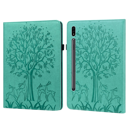 For Samsung Galaxy Tab S8 / Galaxy Tab S7 SM-T870 Tree & Deer Pattern Pressed Printing Horizontal Flip PU Leather Case with Holder & Card Slots(Green) - Galaxy Tab S8 Cases by buy2fix | Online Shopping UK | buy2fix