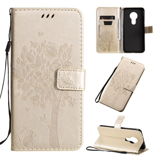 For Nokia 7.2 Tree & Cat Pattern Pressed Printing Horizontal Flip PU Leather Case with Holder & Card Slots & Wallet & Lanyard(Gold) by buy2fix
