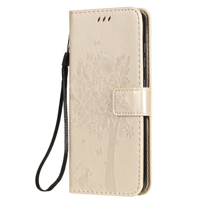 For Nokia 7.2 Tree & Cat Pattern Pressed Printing Horizontal Flip PU Leather Case with Holder & Card Slots & Wallet & Lanyard(Gold) by buy2fix
