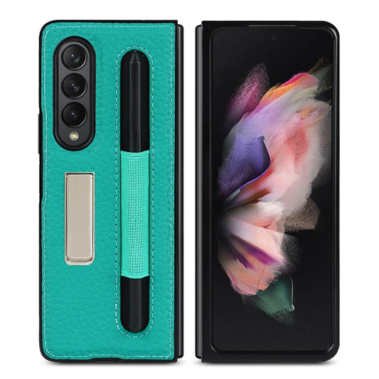 For Samsung Galaxy Z Fold3 5G Litchi Texture Leather Protective Case with Holder & Pen Slot(Green) - Galaxy Phone Cases by buy2fix | Online Shopping UK | buy2fix