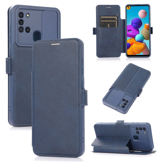 For Samsung Galaxy A21s Push Window Double Buckle PU + Silicone Horizontal Flip Leather Case with Holder & Card Slot(Blue) by buy2fix