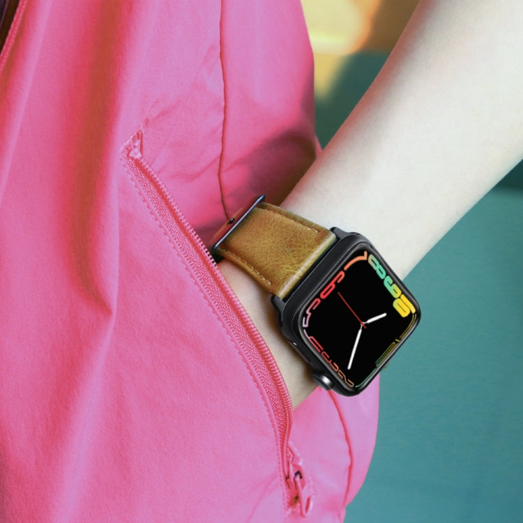 For Apple Watch Ultra 49mm&Watch Ultra 2 49mm / Series 9&8&7 45mm / SE 3&SE 2&6&SE&5&4 44mm / 3&2&1 42mm Oil Wax Genuine Leather Strap Watch Band(Yellow Brown) by buy2fix