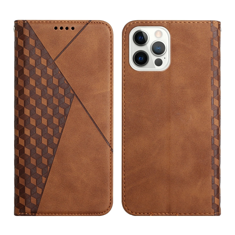 For iPhone 12 / 12 Pro Diamond Pattern Splicing Skin Feel Magnetic Horizontal Flip Leather Case with Card Slots & Holder & Wallet(Brown) by buy2fix