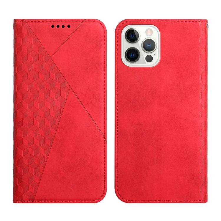 For iPhone 12 / 12 Pro Diamond Pattern Splicing Skin Feel Magnetic Horizontal Flip Leather Case with Card Slots & Holder & Wallet(Red) by buy2fix