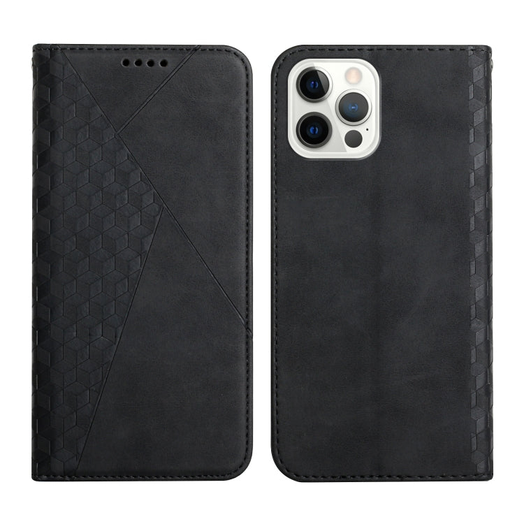 For iPhone 12 / 12 Pro Diamond Pattern Splicing Skin Feel Magnetic Horizontal Flip Leather Case with Card Slots & Holder & Wallet(Black) by buy2fix