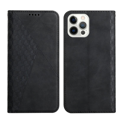 For iPhone 12 / 12 Pro Diamond Pattern Splicing Skin Feel Magnetic Horizontal Flip Leather Case with Card Slots & Holder & Wallet(Black) by buy2fix